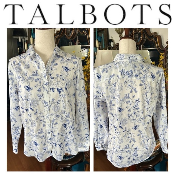 Talbots Tops - TALBOTS Floral Button-Up Shirt in Blue and White